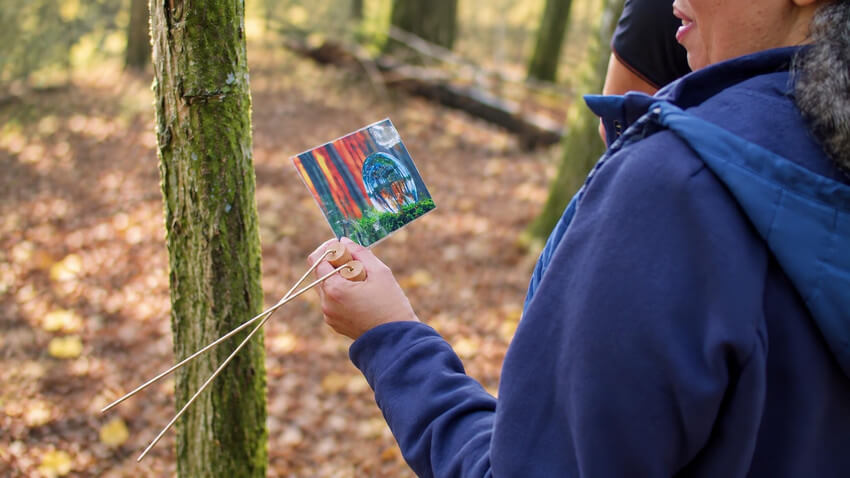 Utilisation de baguettes de sourcier avec un support visuel pendant un exercice en forêt.